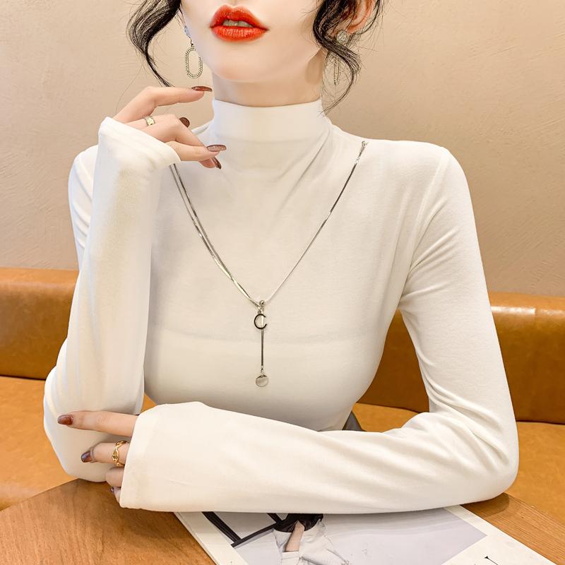 春 コーデ レディース ファッション オシャレ カワイイ シンプル きれいめ ナチュラル 上品カジュアル 婦人服 白 ハーフ タートルネックシャツ スリム 長袖 Tシャツ トップス ｜リコット