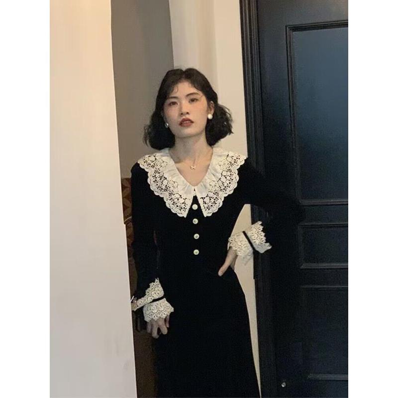 春 コーデ レディース ファッション オシャレ カワイイ シンプル きれいめ ナチュラル 上品カジュアル 婦人服 レース ベルベット クラシック フレンチ風 ドレス ウエスト スリム