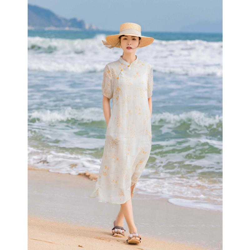 秋服 レディース ファッション オシャレ カワイイ シンプル 大人カワイイ 大きいサイズ ハイ カウント ラミー 花柄 ドレス ゆったり チャイナ ロング スカート