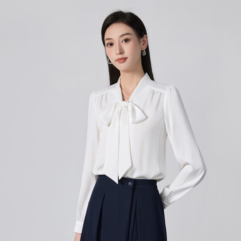 秋服 レディース ファッション オシャレ カワイイ シンプル 大人カワイイ 大きいサイズ 長袖 白 シャツ リボン シフォン トップス 通勤ウェア スカート|リコット