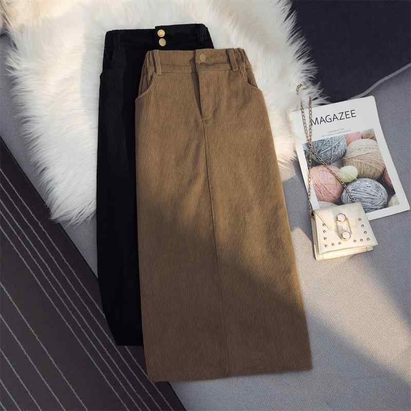 春 コーデ レディース ファッション オシャレ カワイイ シンプル きれいめ ナチュラル 上品カジュアル 婦人服 大きいサイズ スリム コーデュロイスカート ハイウエスト Aライン ストレート カバー ロング スカート |リコット