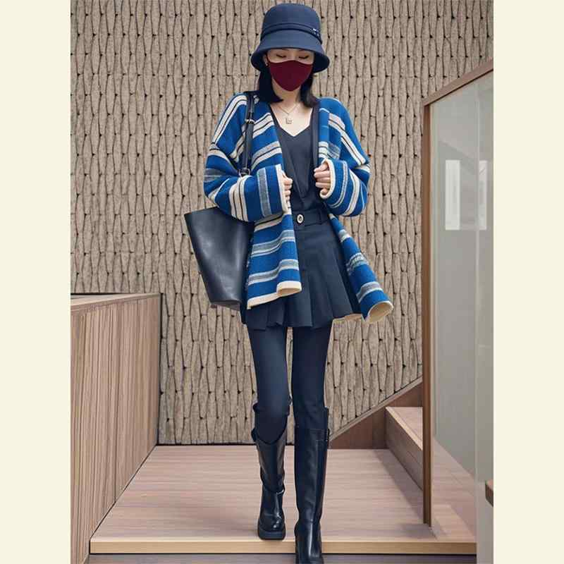秋服 レディース 流行り物 オシャレ カワイイ  分かりやすい 成年者カワイイ 気が大きい大きさ   トップス 今めかしい 縞模様 編み物ジレー