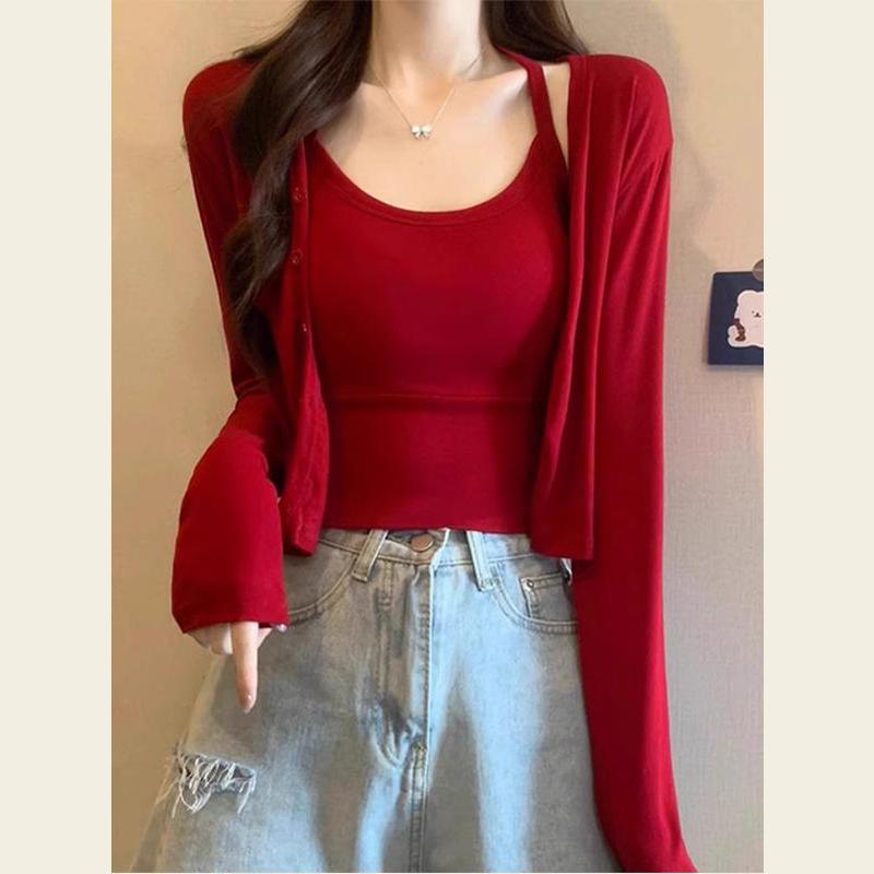 秋服 レディース ファッション オシャレ カワイイ シンプル 大人カワイイ 大きいサイズ レッド カーディガン サスペンダー スリム 長袖 ジャケット トップス |リコット