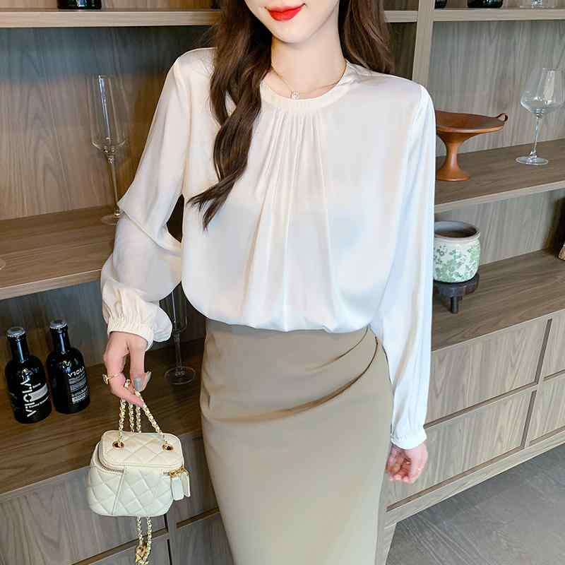 秋服 レディース ファッション オシャレ カワイイ シンプル 大人カワイイ 大きいサイズ シャツ 韓国スタイル ラウンドネック サテン 長袖 スリム OL トップス｜リコット
