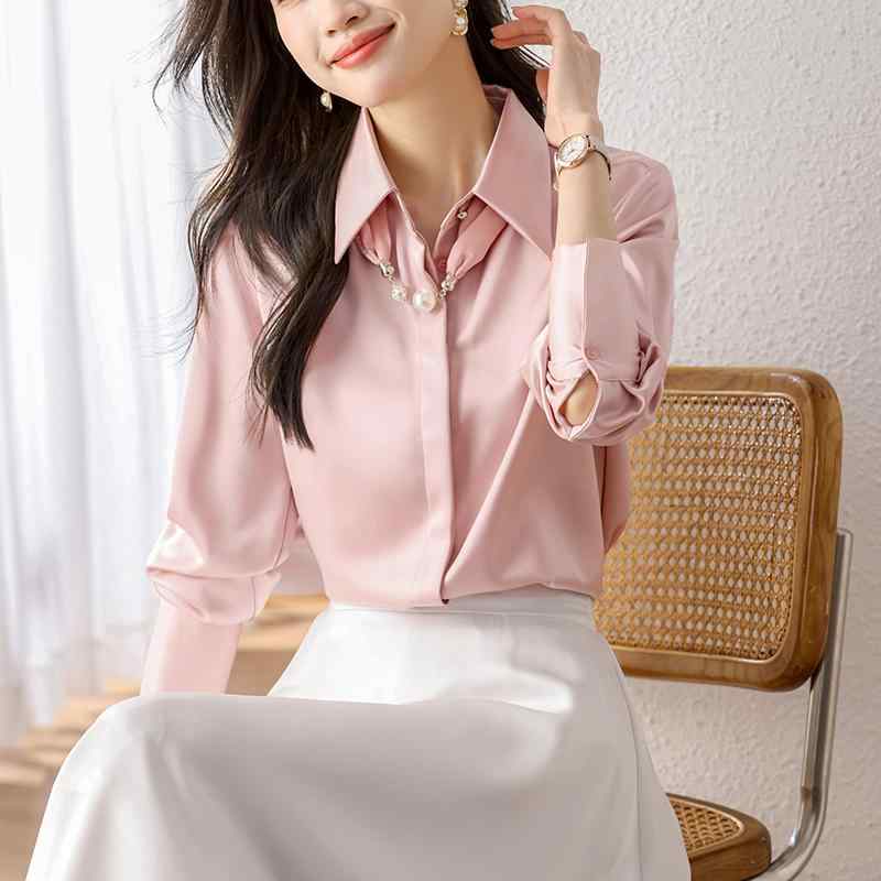 秋服 レディース 流行り物 オシャレ カワイイ  分かりやすい 成年者カワイイ 気が大きい大きさ  白 プルオーバー 通いお召しもの 細工物お召しもの OL アセテート 繻子 ハイエンド 面会 トップス