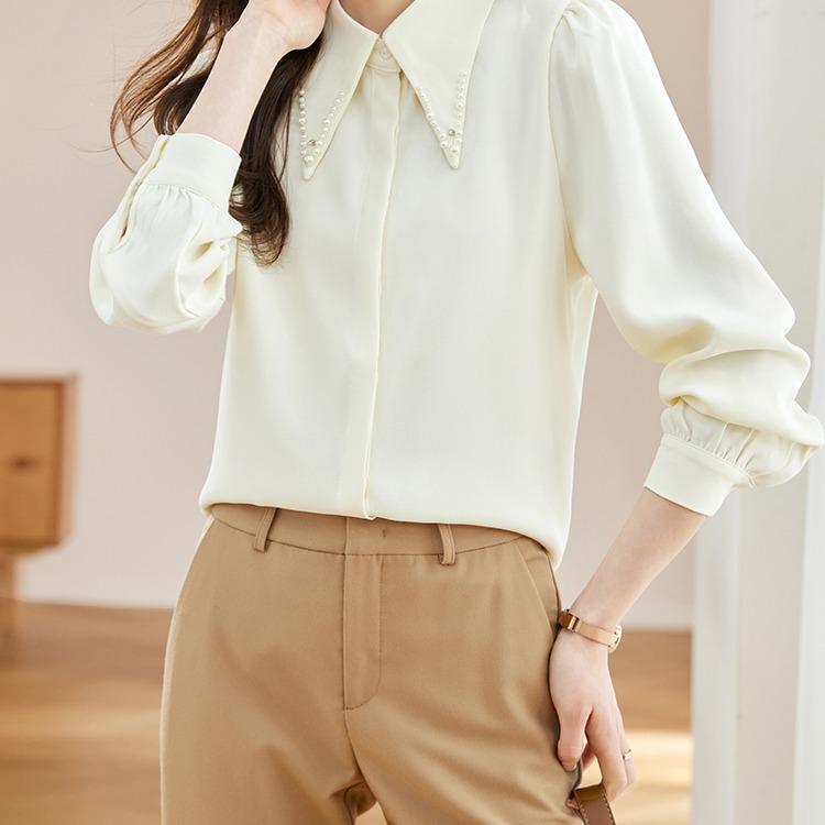 秋服 レディース 流行り物 オシャレ カワイイ  分かりやすい 成年者カワイイ 気が大きい大きさ  シフォン プルオーバー ビーズ プルオーバー 今めかしい 通いお召しもの 面会 トップス