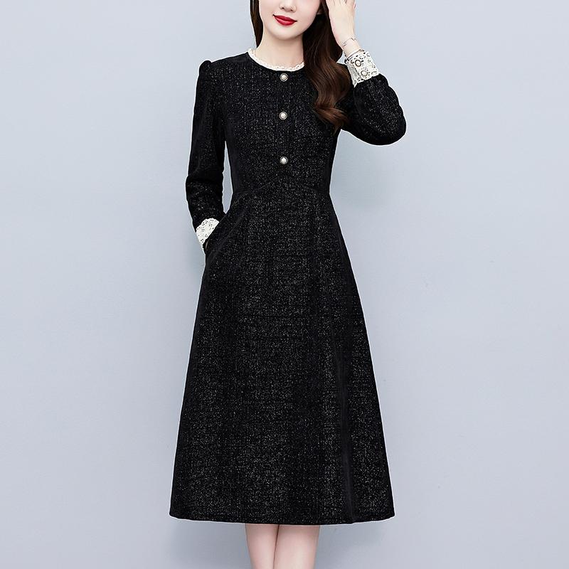 秋服 レディース 流行り物 オシャレ カワイイ  分かりやすい 成年者カワイイ 気が大きい大きさ  レトロ 黒 長袖 お召しもの か細い お母さん 真っただ中丈 スコート ハイエンド