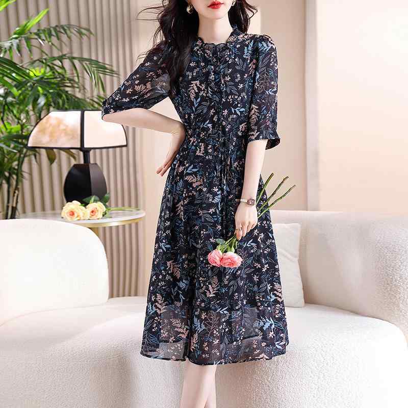 秋服 レディース 流行り物 オシャレ カワイイ  分かりやすい 成年者カワイイ 気が大きい大きさ  シフォン 広広とした 花柄 衣装 お召しもの 七分袖 ミモレ丈 スコート 酉の方角 か細い