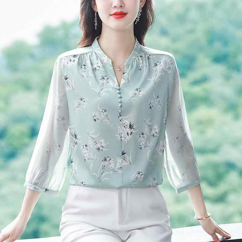 秋服 レディース ファッション オシャレ カワイイ シンプル 大人カワイイ 大きいサイズ 花柄 シフォン シャツ 七分袖 シャツ スリム トップス