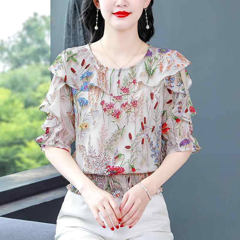 秋服 レディース ファッション オシャレ カワイイ シンプル 大人カワイイ 大きいサイズ ラウンドネック 花柄 ミッド スリーブ シャツ ワイド トップス