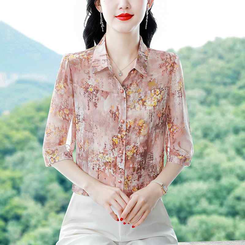 秋服 レディース ファッション オシャレ カワイイ シンプル 大人カワイイ 大きいサイズ 七分袖 シフォン シャツ 花柄 シャツ トップス