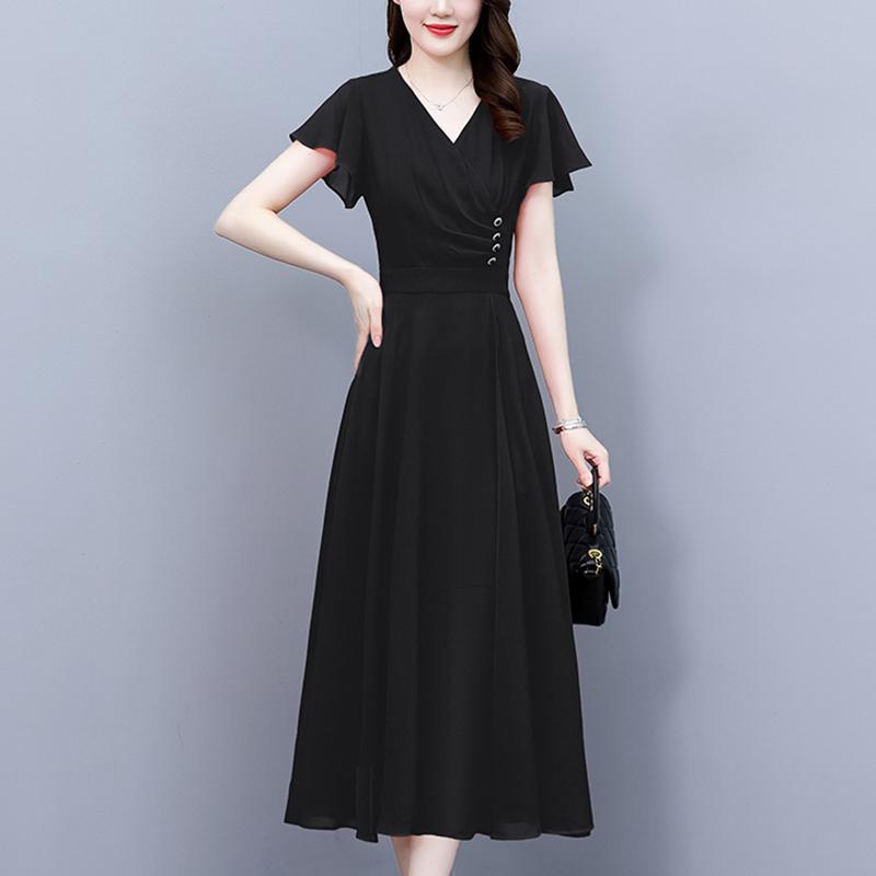 秋服 レディース ファッション オシャレ カワイイ シンプル 大人カワイイ 大きいサイズ Vネック シフォン ブラック ドレス 半袖 ウエスト スリム ミドル丈 スカート
