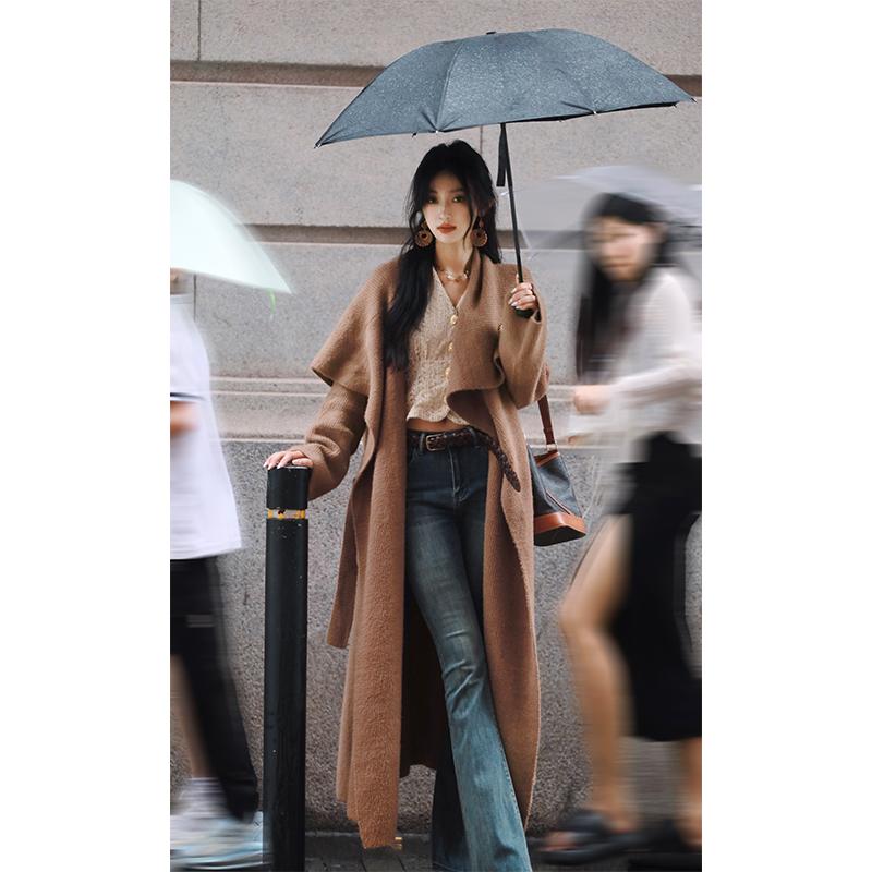 秋服 レディース 流行り物 オシャレ カワイイ  分かりやすい 成年者カワイイ 気が大きい大きさ   フレンチ レトロ スウェーター 真っただ中丈 ホンブルグ帽 長袖 厚地の外套 か細い