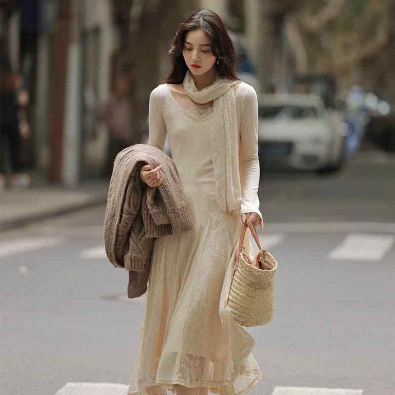 秋服 レディース 流行り物 オシャレ カワイイ  分かりやすい 成年者カワイイ 気が大きい大きさ   フレンチ レトロ ロング スコート スピード競技 お召しもの Vのど首 か細い ズボン吊り 背広 えり巻き