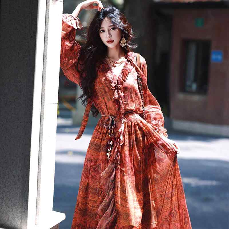 秋服 レディース 流行り物 オシャレ カワイイ  分かりやすい 成年者カワイイ 気が大きい大きさ   フレンチ レトロ 裾 ロング スコート か細い フラウンス シフォン お召しもの ゆったり 酉の方角 セットアップ 能力のある