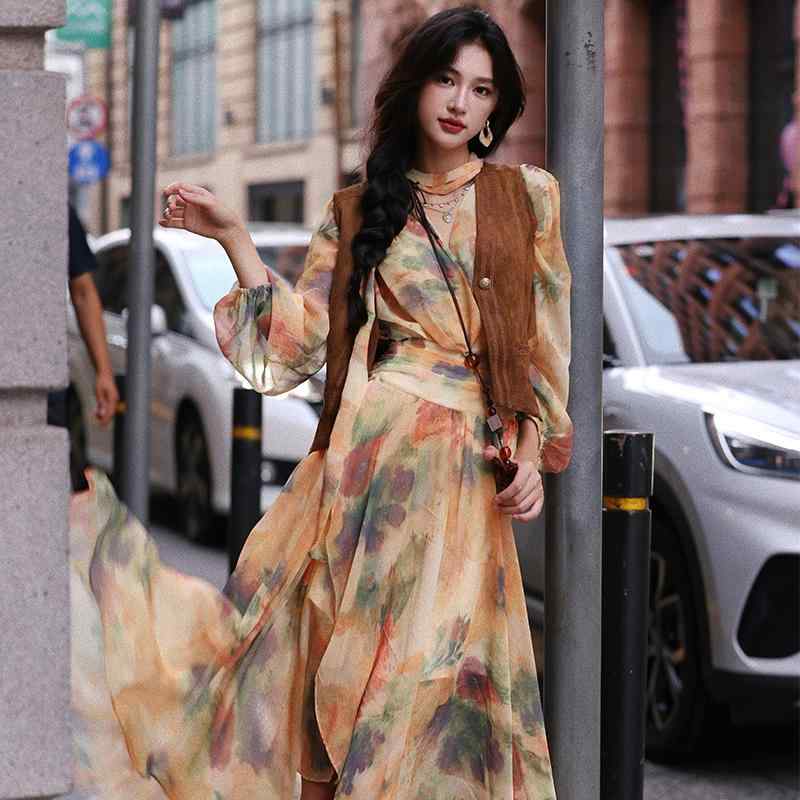 秋服 レディース 流行り物 オシャレ カワイイ  分かりやすい 成年者カワイイ 気が大きい大きさ   フレンチ レトロ 油彩 刷り上げる お召しもの 酉の方角 ロング スコート 提灯 捩り