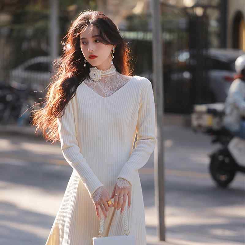 秋服 レディース ファッション オシャレ カワイイ シンプル 大人カワイイ 大きいサイズ フレンチ レトロ Vネック ニット ドレス ロング スカート ステッチニット ベース