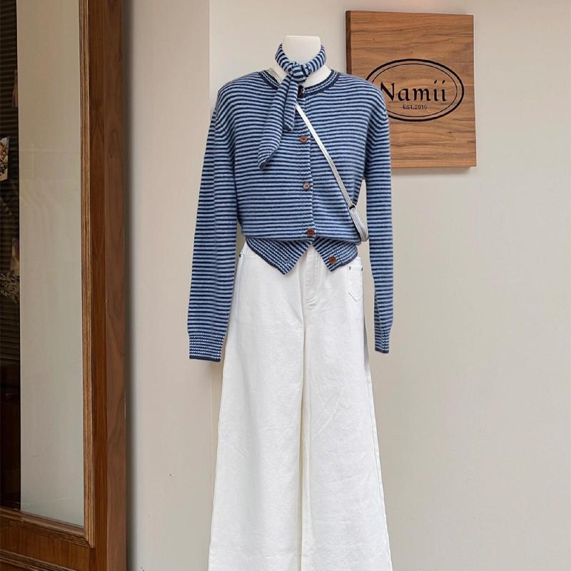 秋服 レディース ファッション オシャレ カワイイ シンプル 大人カワイイ 大きいサイズ ストライプ ラウンドネック アウター セーター カーディガン 韓国スタイル ハイエンド トップス