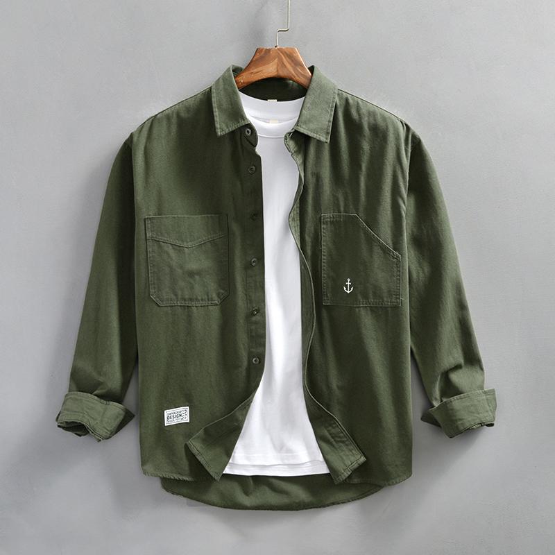 春 コーデ メンズ 用 服 シンプル ファッション オシャレ 大人 かっこいい 紳士服 ゆったり 長袖 コットン ジャケット ワークシャツ カーキ 春 カジュアル 通勤スタイル 重コーデ ゆったりシルエット 軽アウター｜リコット