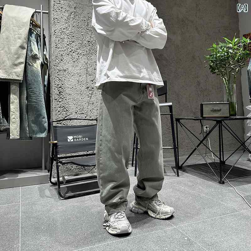 メンズ ファッション オシャレ 男性用 シンプル 大人 かっこいい カジュアル ストリート ヒップホップ HipHop アメカジ レトロ ウォッシュド ダメージ ジーンズ ストレート リート ワイド レッグ ロング パンツ|リコット