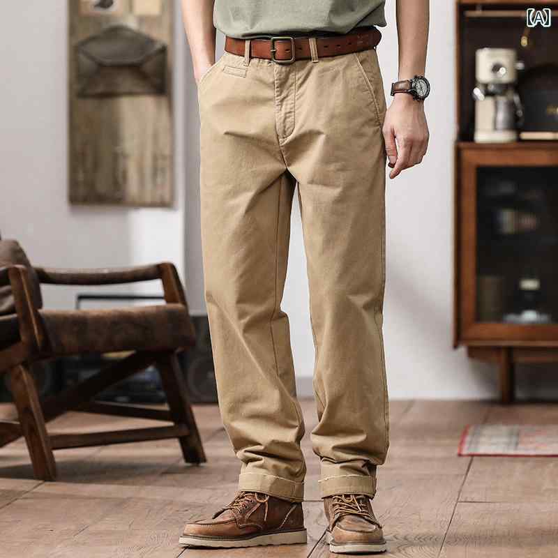 メンズ ファッション オシャレ 男性用 シンプル 大人 かっこいい カジュアル ストリート ヒップホップ HipHop アメカジ ヘビー カーキ パンツ 夏 ストレート コットン レトロ ワークウェア パンツ｜リコット