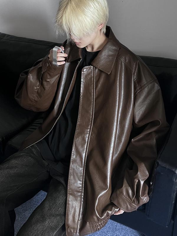 秋 冬 コーデ メンズ 服 分かりやすい 流行り物 オシャレ 成年者 かっこいい 大層らしい大きさ 表どおり 成人男性服 赤銅色 エコ なめし革 上衣 朦々たる ゆったり レトロ ライダース PU