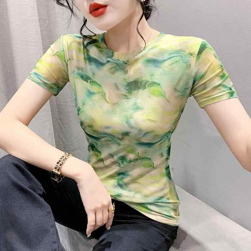 秋服 コーデ レディース ファッション オシャレ カワイイ シンプル 大人カワイイ 大きいサイズ プリント メッシュ 半袖 T シャツ ハイエンド シック
