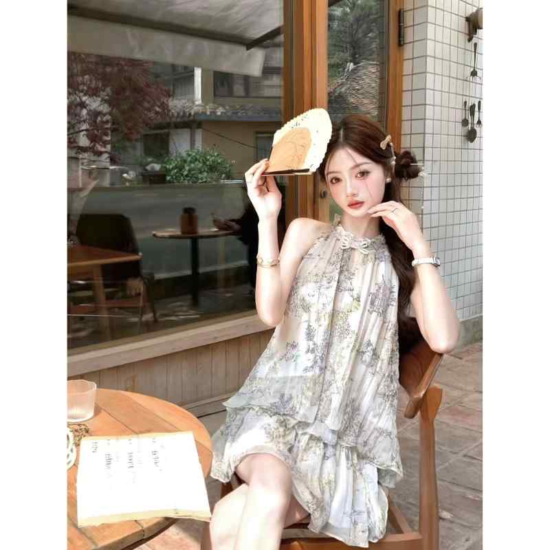 秋服 コーデ レディース ファッション オシャレ カワイイ シンプル 大人カワイイ 大きいサイズ プリント ホルター トップス ロング シャツ スカート スーツ 2点 セット