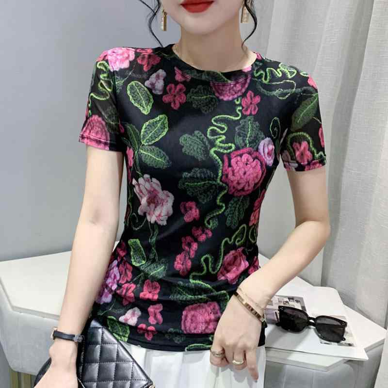 秋服 コーデ レディース ファッション オシャレ カワイイ シンプル 大人カワイイ 大きいサイズ レトロ 花柄 メッシュ 半袖 T シャツ スリム シック レイヤリング トップス
