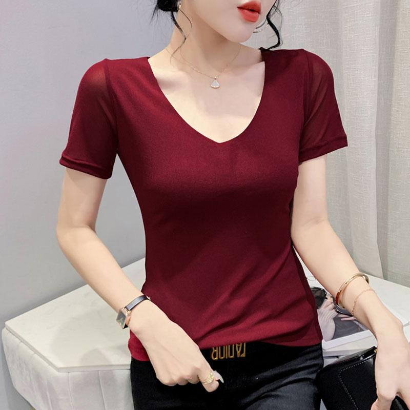 秋服 コーデ レディース ファッション オシャレ カワイイ シンプル 大人カワイイ 大きいサイズ Vネック メッシュ T シャツ 半袖 スリムフィット トップス