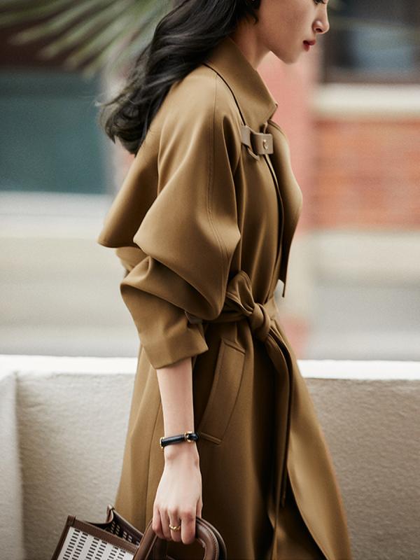 秋　冬 コーデ レディース ファッション オシャレ 服 カワイイ シンプル 大人カワイイ 大きいサイズ カーキ トレンチ コート ミドル丈 コート