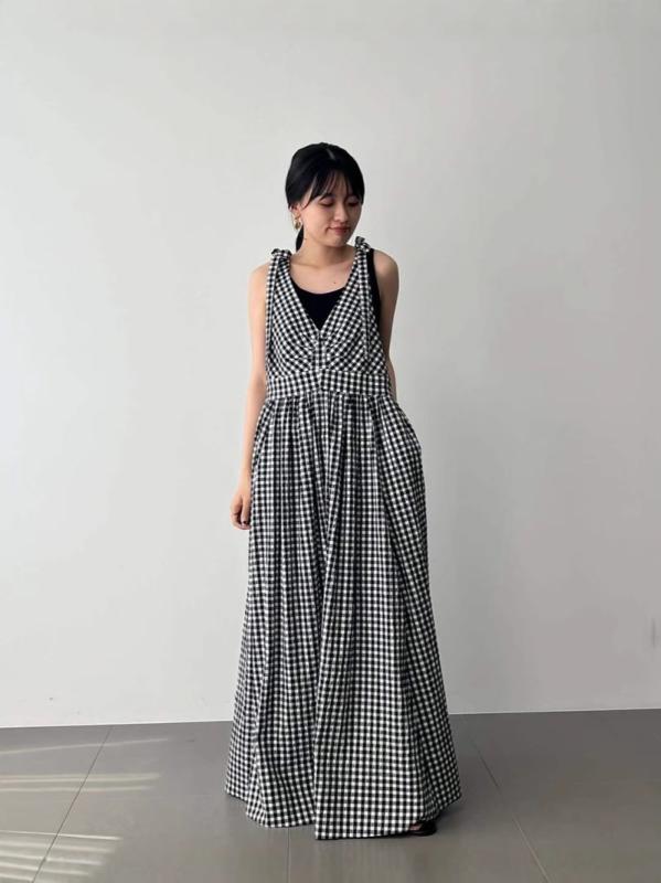 レディース ワンピース 夏 チェック柄 サロペット ロング丈 ゆったり ヴィンテージ風 ナチュラル ｜リコット