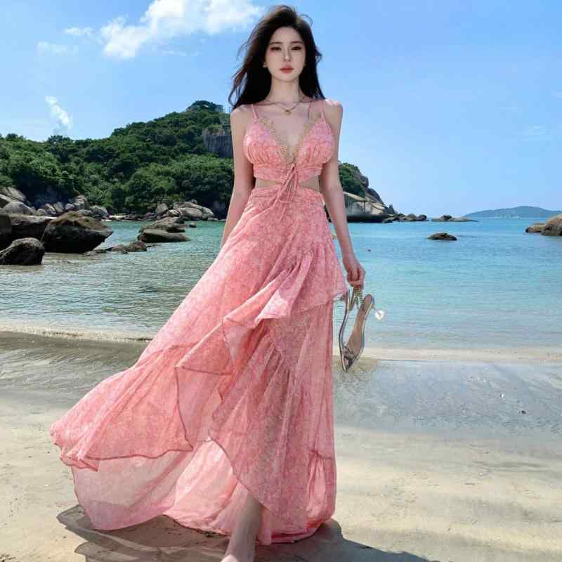 レディース ロングスカート リゾート ビーチ キャミソール バックオープン 花柄 ｜リコット