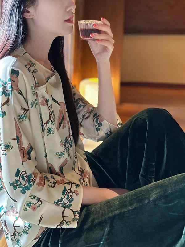 レディース シャツ チャイナ スタイル 伝統風 アジアンテイスト ヴィンテージ風 クルーネック ゆったり レトロ ラウンドネック シャツ 夏 高見え 上品 オールシーズン ｜リコット