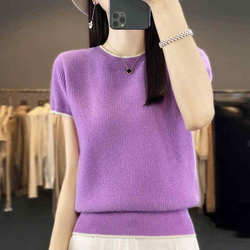春 コーデ レディース ファッション オシャレ カワイイ シンプル きれいめ ナチュラル 上品カジュアル 婦人服 配色 半袖 プルオーバー ラウンドネック ニット