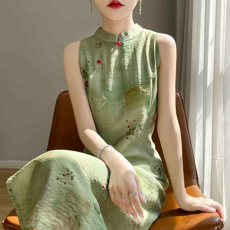 春 コーデ レディース ファッション オシャレ カワイイ シンプル きれいめ ナチュラル 上品カジュアル 婦人服 ノースリーブ スタンドカラー チャイナドレス 夏 テンセル コットン ウエスト スリム ロング スカート