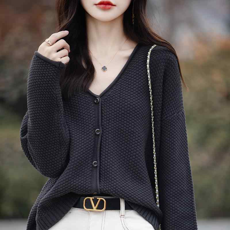 春 コーデ レディース ファッション オシャレ カワイイ   シンプル きれいめ ナチュラル 上品カジュアル 婦人服 Vネック コットン ニット カーディガン ゆったり スリム セーター ジャケット トップス
