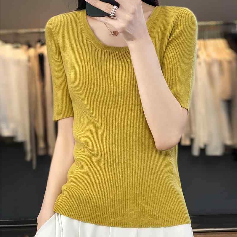 春 コーデ レディース ファッション オシャレ カワイイ   シンプル きれいめ ナチュラル 上品カジュアル 婦人服 ウール セーター 半袖 Uネック スリムフィット プルオーバー 薄手 ニット シャツ トップス