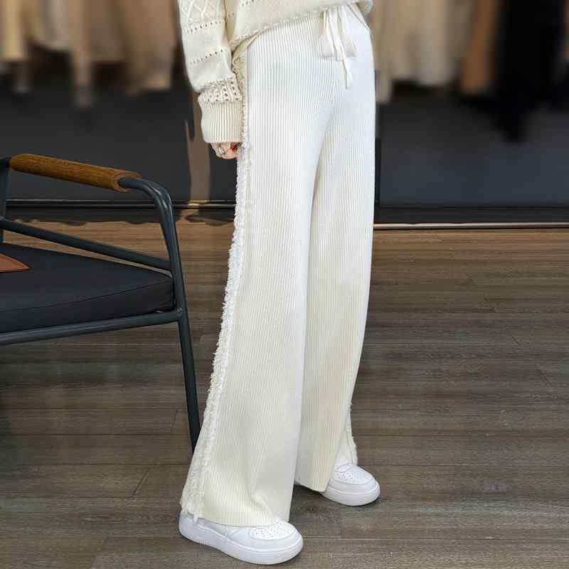 春 コーデ レディース ファッション オシャレ カワイイ シンプル きれいめ ナチュラル 上品カジュアル 婦人服 タッセル ニット ワイドレッグ パンツ ハイウエスト アウターウェア ウール カジュアル ストレート フロア レングス
