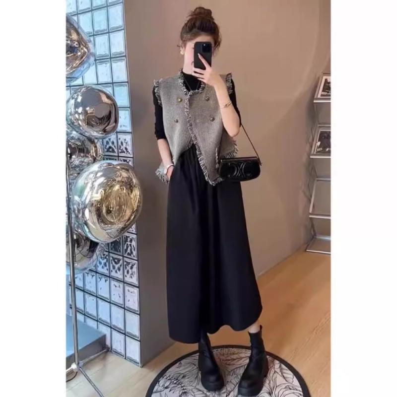 春 コーデ レディース ファッション オシャレ カワイイ シンプル きれいめ ナチュラル 上品カジュアル 婦人服 フレンチ チョッキ ドレス ツーピース ハイエンド 黒 ロング スカート スーツ