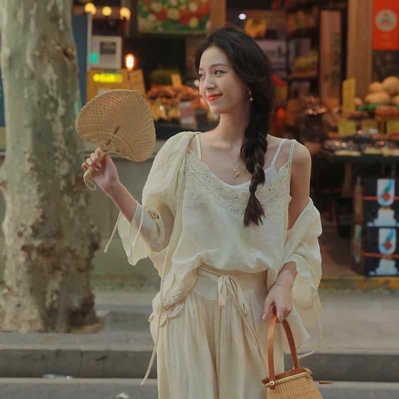 秋服 レディース ファッション オシャレ カワイイ シンプル 大人カワイイ 大きいサイズ コットン サスペンダー Vネック ベスト 薄型 通気性 ハイウエスト ワイド レッグ パンツ スーツ｜リコット