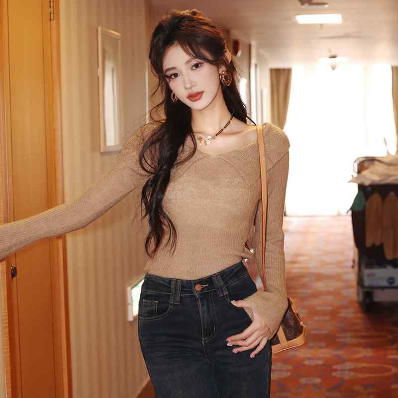 秋服 レディース ファッション オシャレ カワイイ シンプル 大人カワイイ 大きいサイズ ドール カラー セーター 通勤ウェア スリムフィット トップス フレンチ レトロ ｜リコット