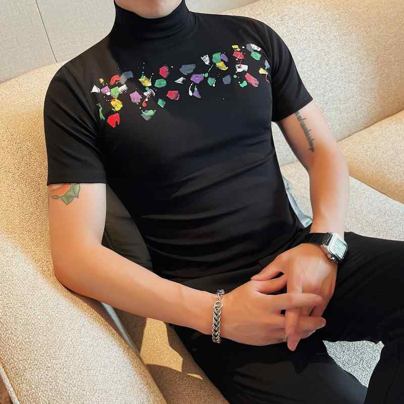 春 コーデ メンズ 服 シンプル ファッション オシャレ 大人 かっこいい 大きいサイズ ストリート 紳士服 ハーフ タートルネック T シャツ 半袖 ハイエンド ストレッチ スリム プリント レイヤリング トップス 5,636円
