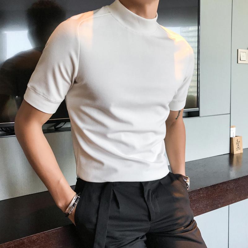 春 コーデ メンズ 服 シンプル ファッション オシャレ 大人 かっこいい 大きいサイズ ストリート 紳士服 ハーフ タートルネック 半袖 シャツ フリー スミッド カラー カジュアル T 韓国スタイル スリムフィット