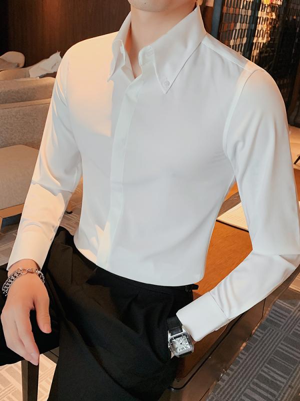 春 コーデ メンズ 服 シンプル ファッション オシャレ 大人 かっこいい 大きいサイズ ストリート 紳士服 厚手 白 シャツ 長袖 フォーマル フィット ハイエンド 隠しボタン フレンチ ラージ ポインテッドカラー ビジネス カジュアル
