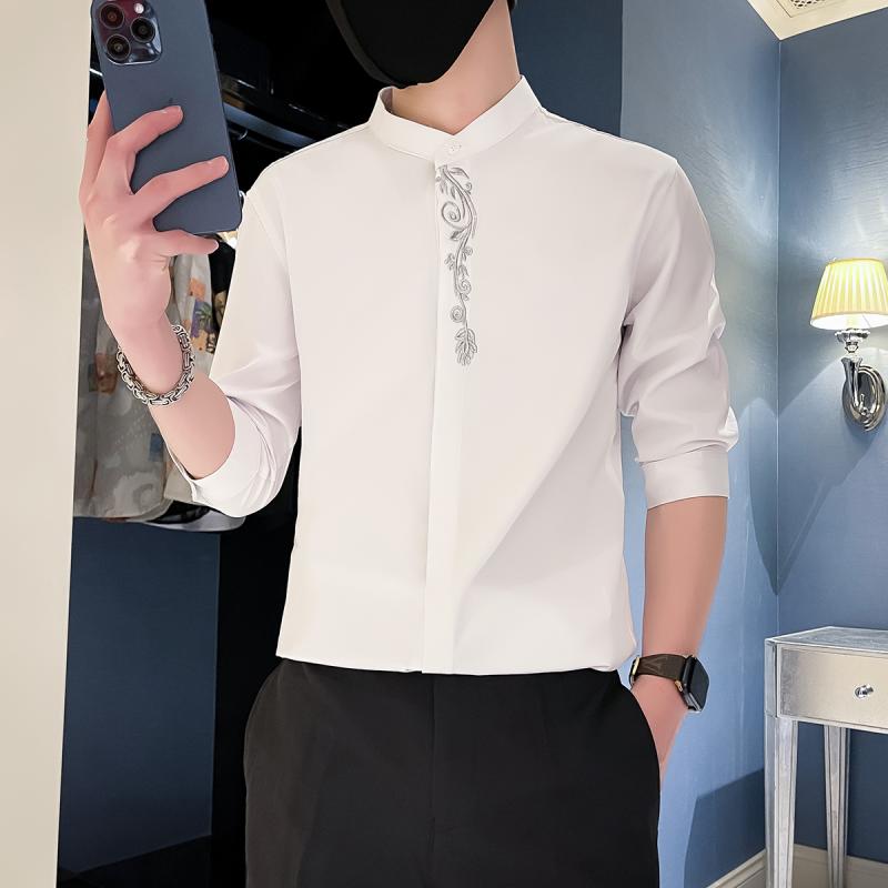 Spring outfit men's clothing simple fashion fashionable adult cool large size street men's clothing stand collar 3/4 sleeve shirt casual high end hidden button short sleeve