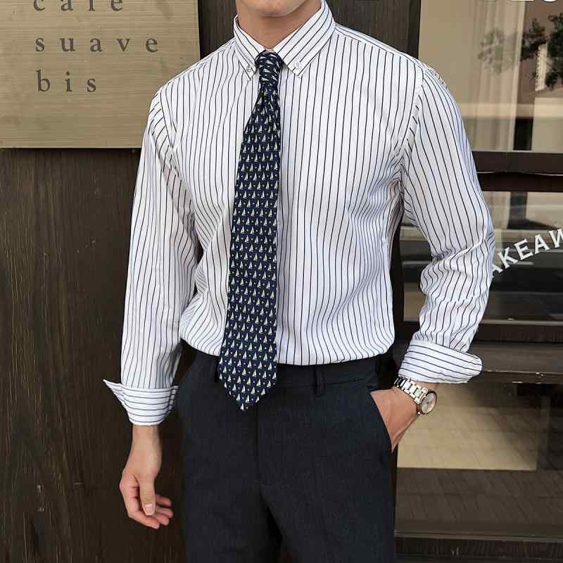 春 コーデ メンズ 服 シンプル ファッション オシャレ 大人 かっこいい 大きいサイズ ストリート 紳士服 ハイエンド ストライプ シャツ 長袖 ビジネス カジュアル 快適 韓国スタイル シャツ