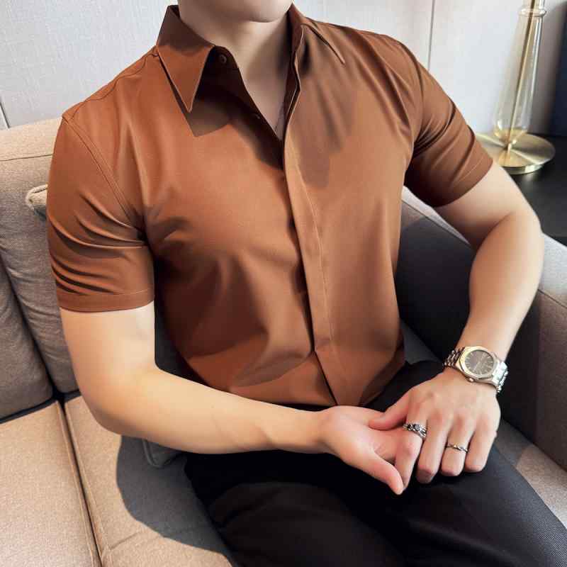 春 コーデ メンズ 服 シンプル ファッション オシャレ 大人 かっこいい 大きいサイズ ストリート 紳士服 ポインテッドカラー 隠しボタン シャツ 半袖 ビジネス カジュアル スリム ハイエンド
