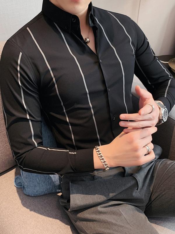 春 コーデ メンズ 服 シンプル ファッション オシャレ 大人 かっこいい 大きいサイズ ストリート 紳士服 ハイエンド ストライプ シャツ 長袖 ビジネス カジュアル スリム 白