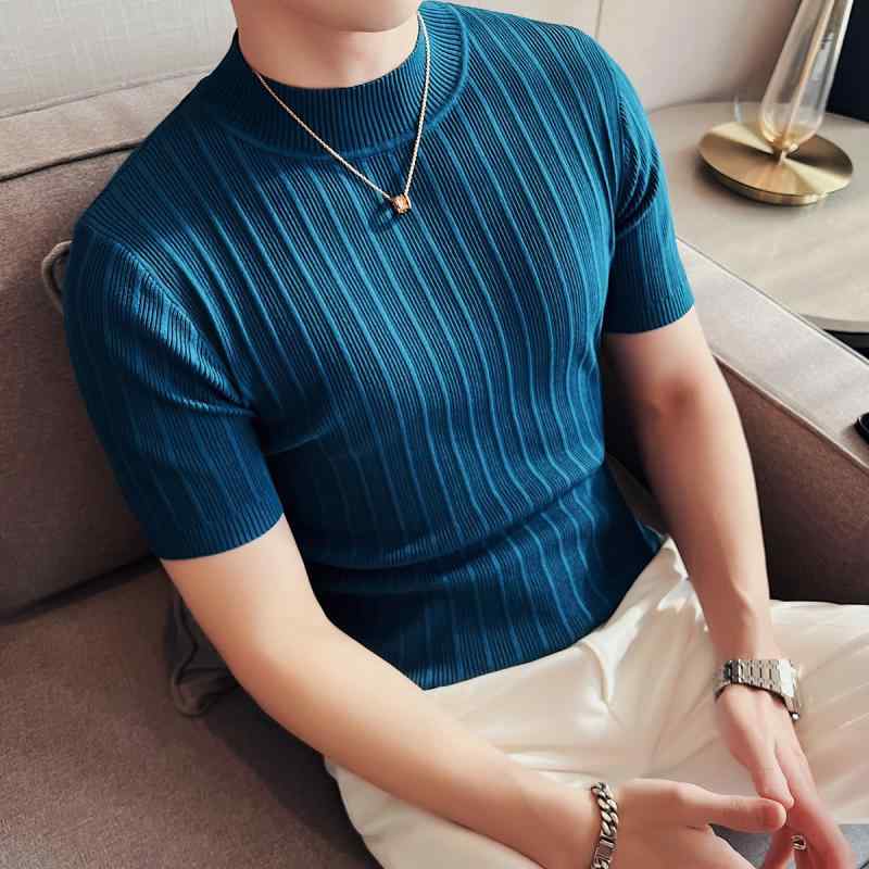 春 コーデ メンズ 服 シンプル ファッション オシャレ 大人 かっこいい 大きいサイズ ストリート 紳士服 ハーフ タートルネック 半袖 セーター カジュアル ハイエンド 軽 ニット